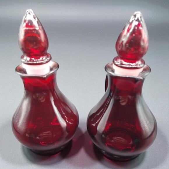 Vintage Avon Ruby Red Glass Pitcher Bottles Strawberry Bath Foam  5.5”  Empty - Picture 6 of 9